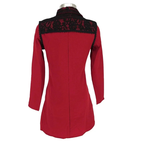 Boohoo Tess Lace Trim Shirt Dress Merlot Red Long Sleeve Button Collar Fit Flare - Picture 4 of 6